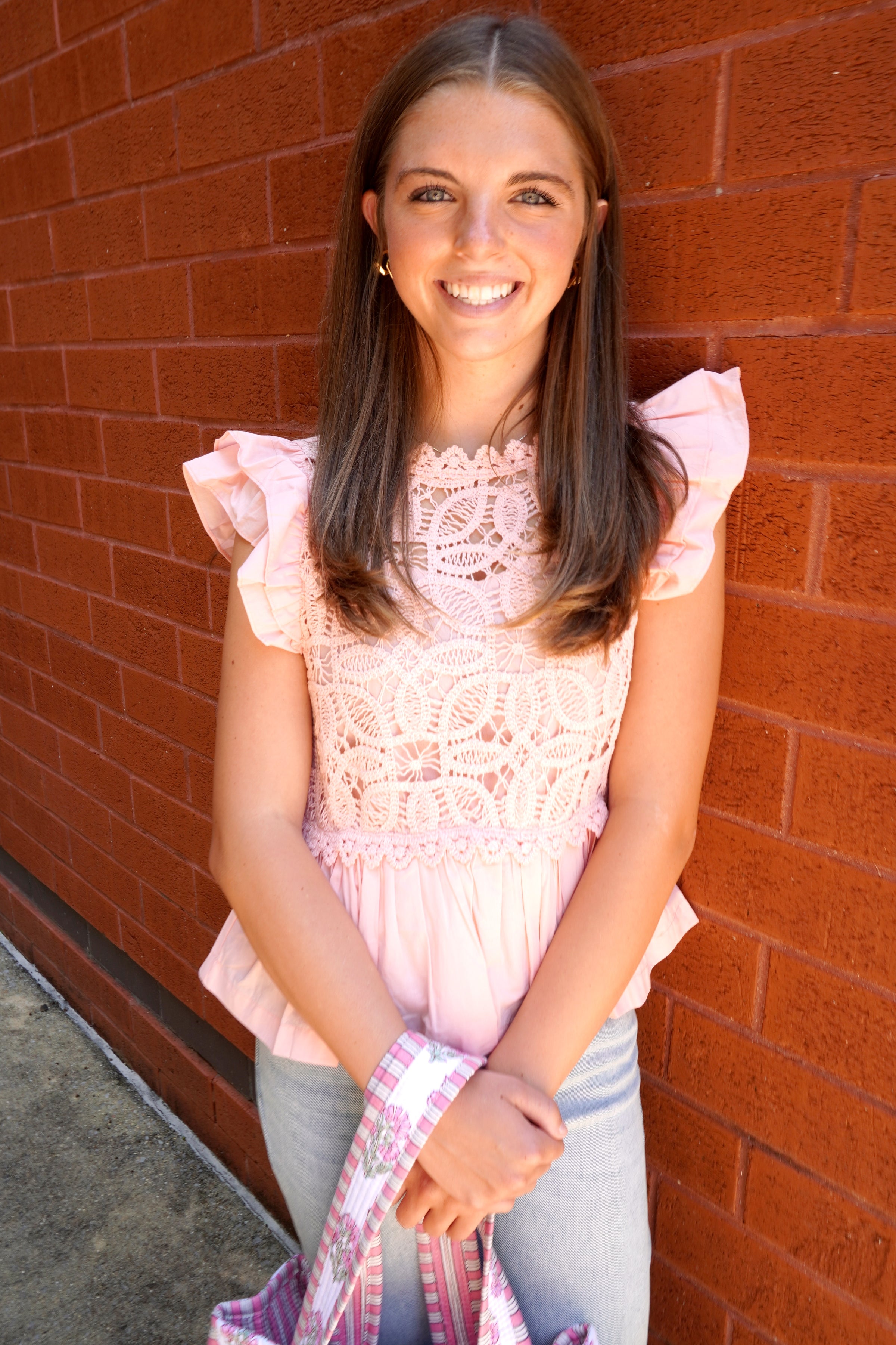 Lace Trim Flutter Sleeve Blouse - Pink
