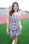 Striped Tie Shoulder Straps Square Neck Dress - Navy
