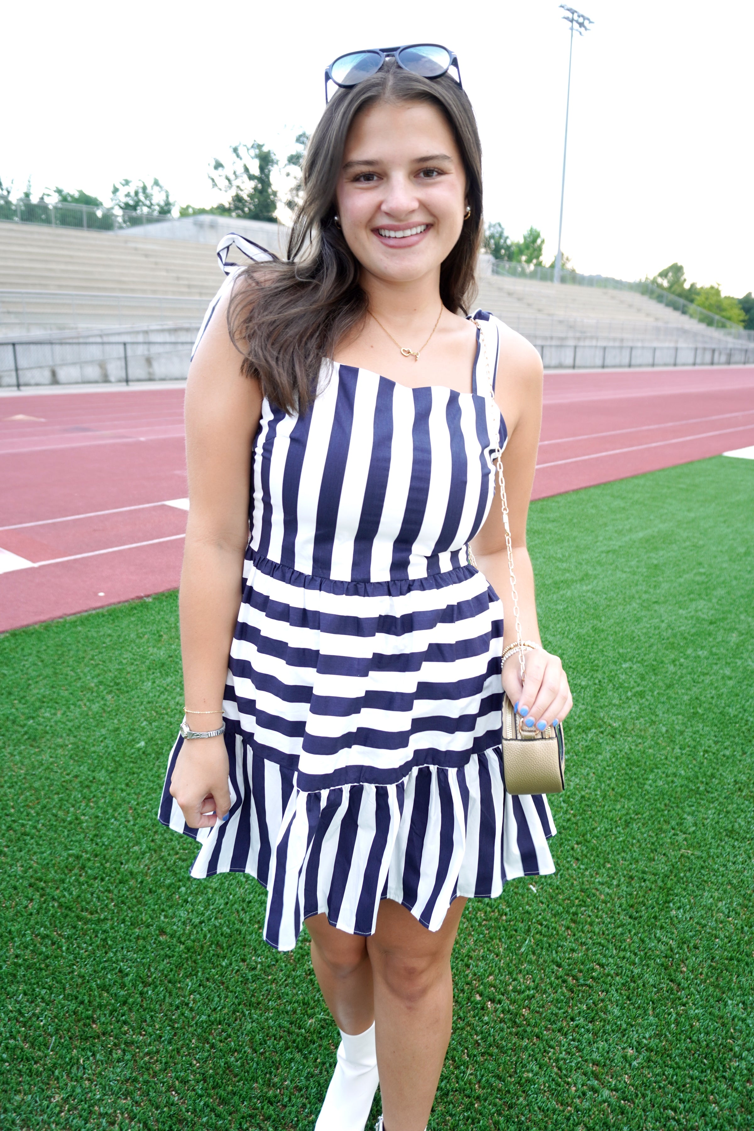 Striped Tie Shoulder Straps Square Neck Dress - Navy
