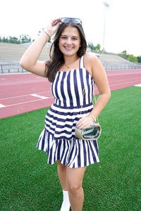 Striped Tie Shoulder Straps Square Neck Dress - Navy