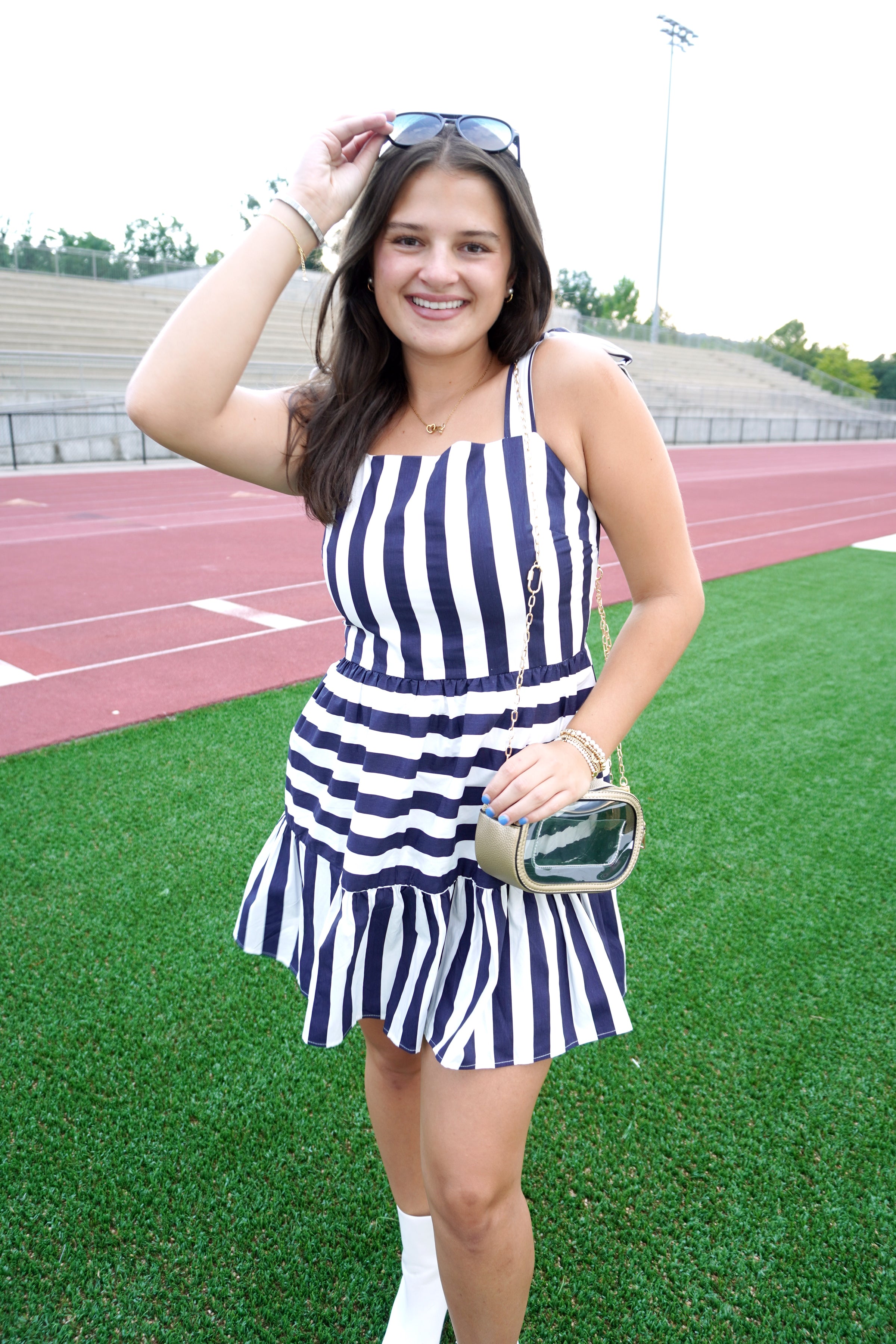 Striped Tie Shoulder Straps Square Neck Dress - Navy