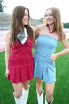 Strapless Denim Romper Dress With Pleats Detail - Crimson