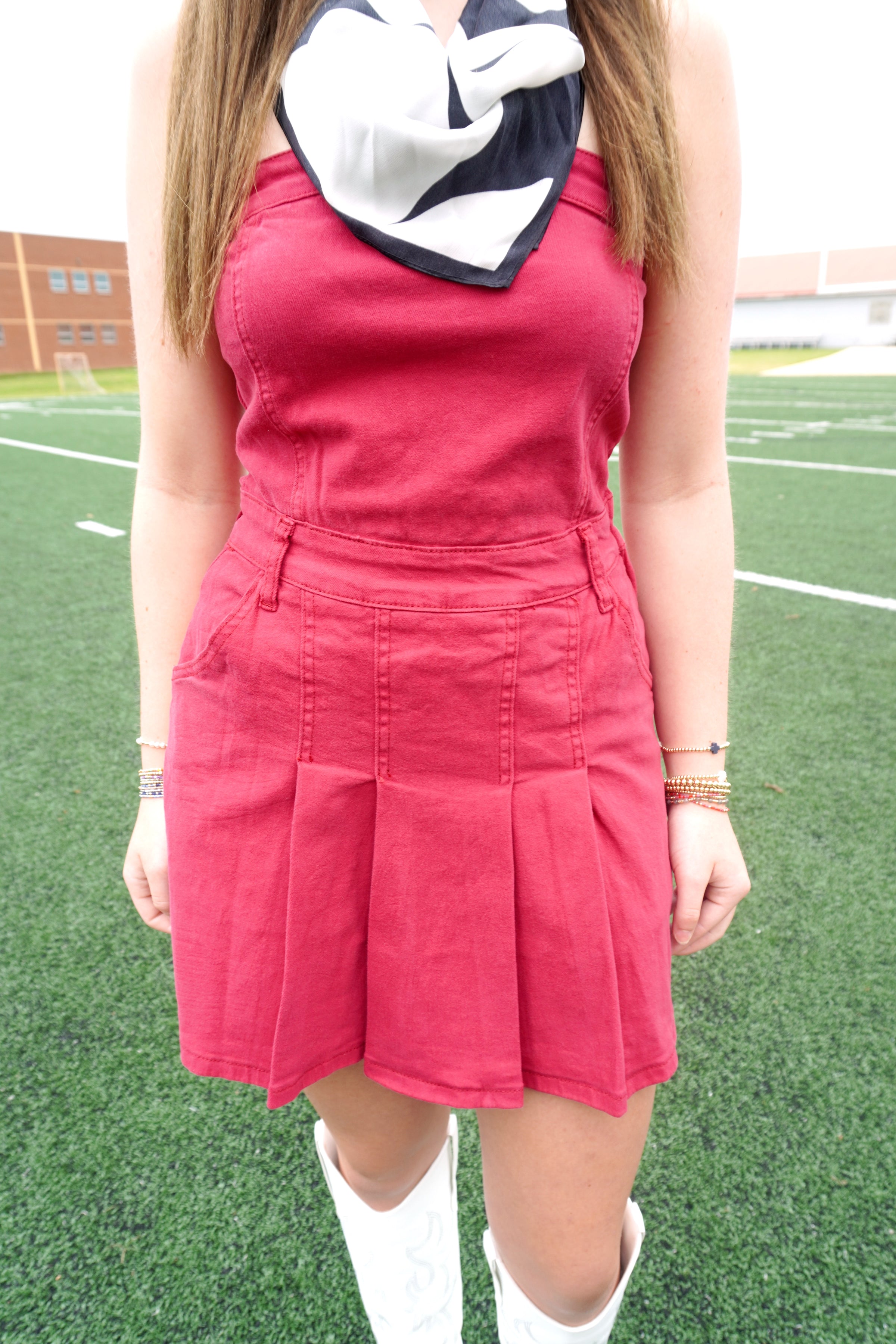 Strapless Denim Romper Dress With Pleats Detail - Crimson