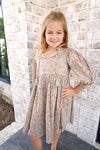 Sage & Mauve Floral Puff Sleeve Tassel Tie Tween Dress – Fall Boutique Style