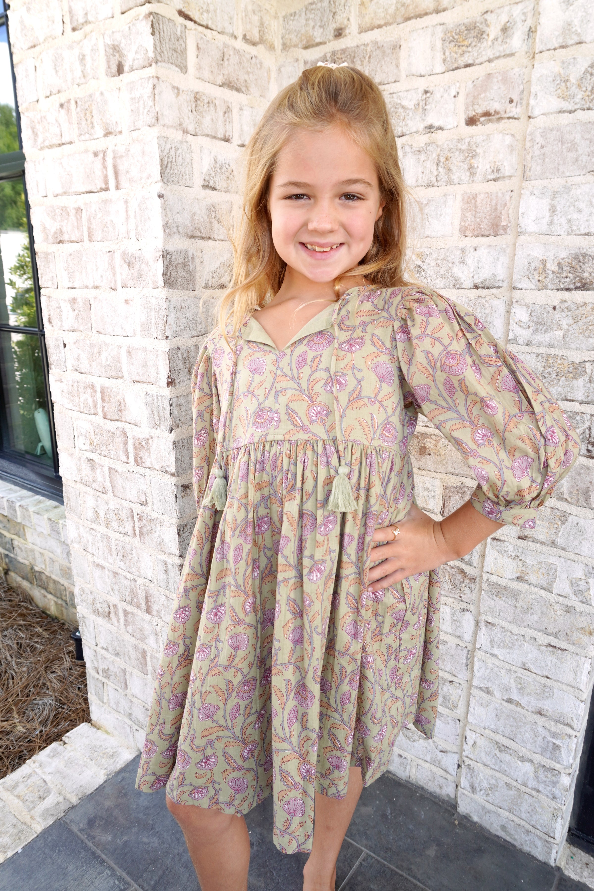 Sage & Mauve Floral Puff Sleeve Tassel Tie Tween Dress – Fall Boutique Style