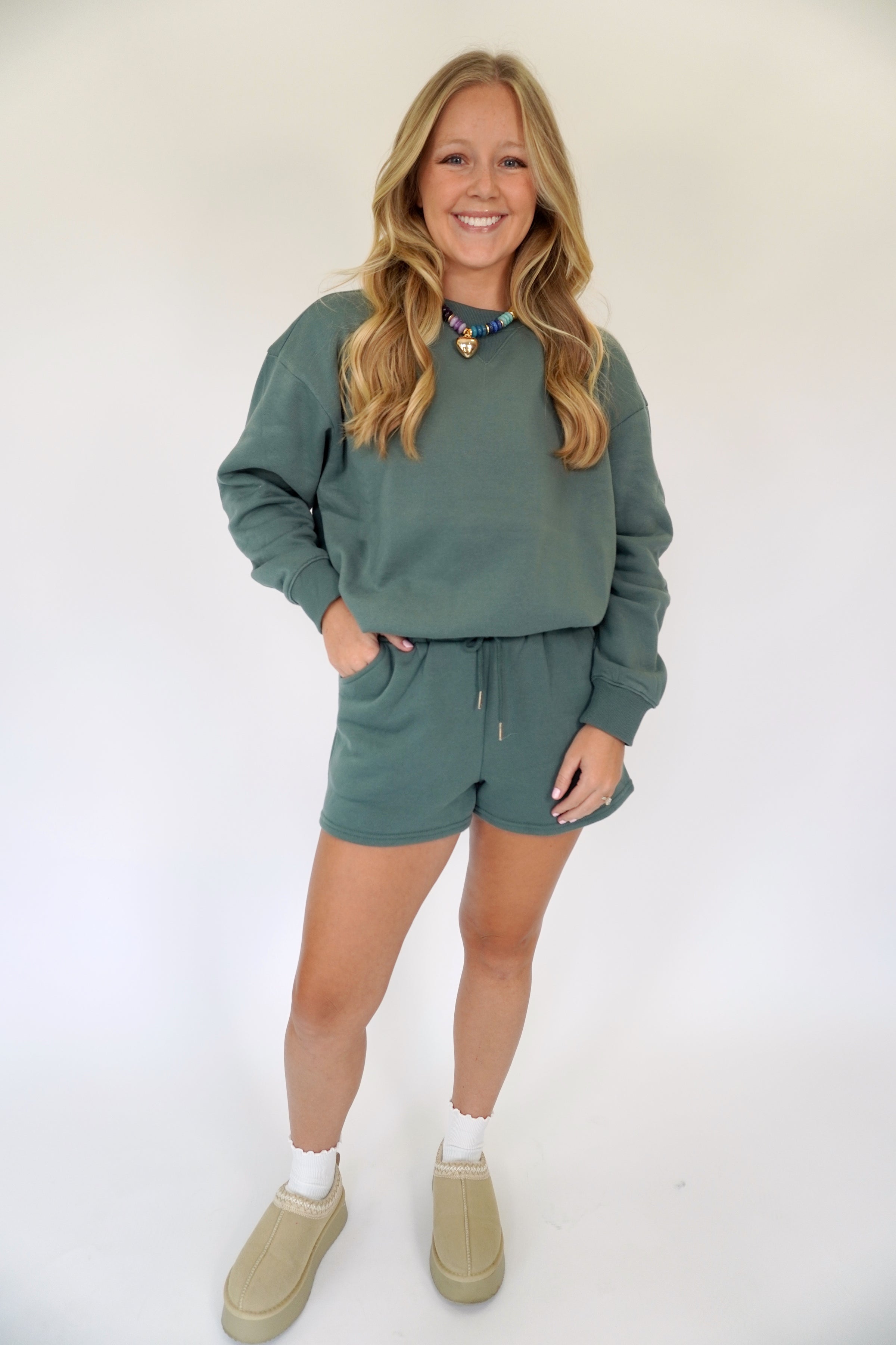 women-cozy-lounge-set-green-sweatshirt-shorts-AndersonAve
