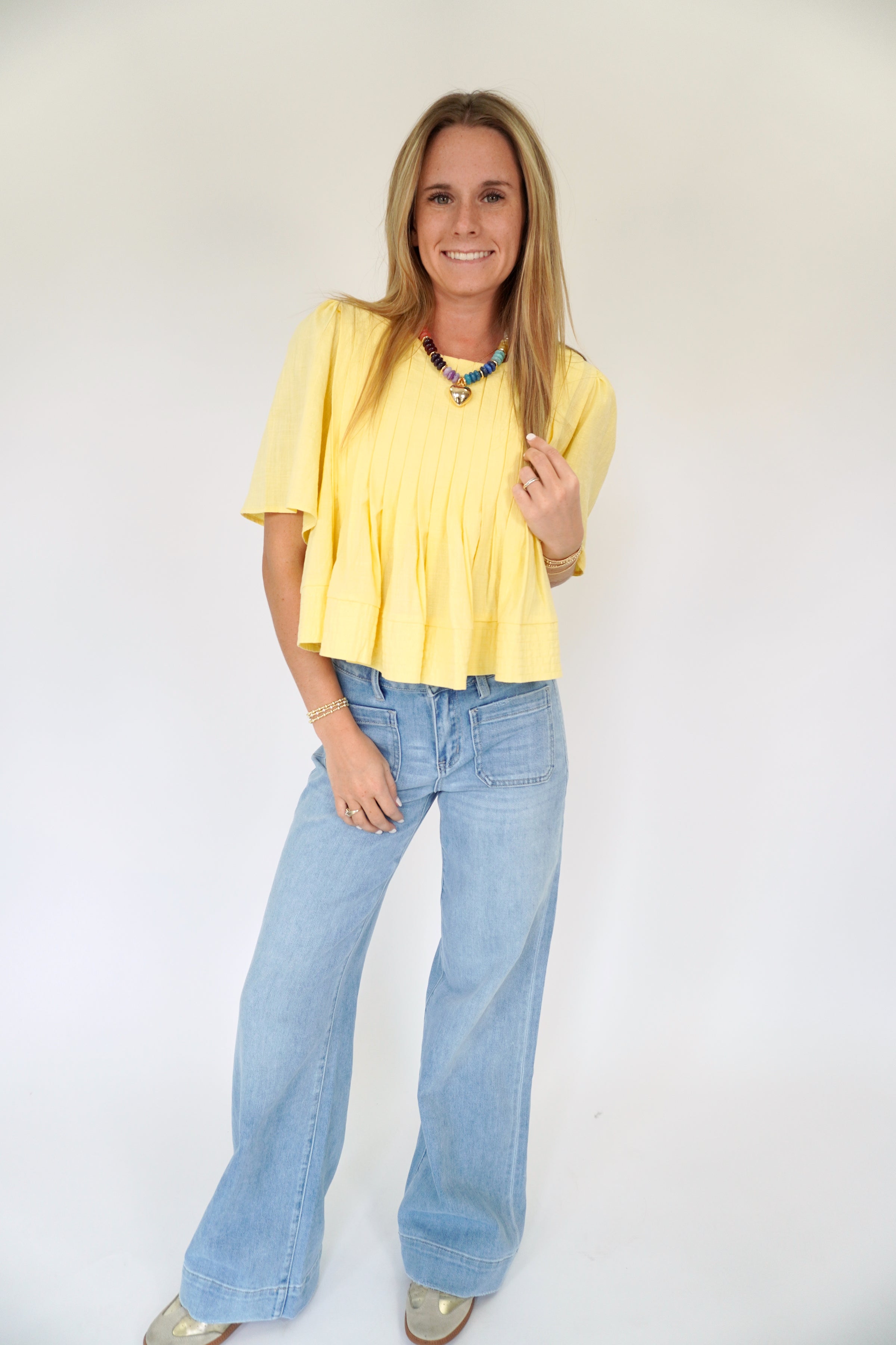 yellow-pleated-blouse-short-sleeve-women-AndersonAve.jpg