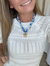 Blue Floral Scarf Necklace with Gold Heart Pendant