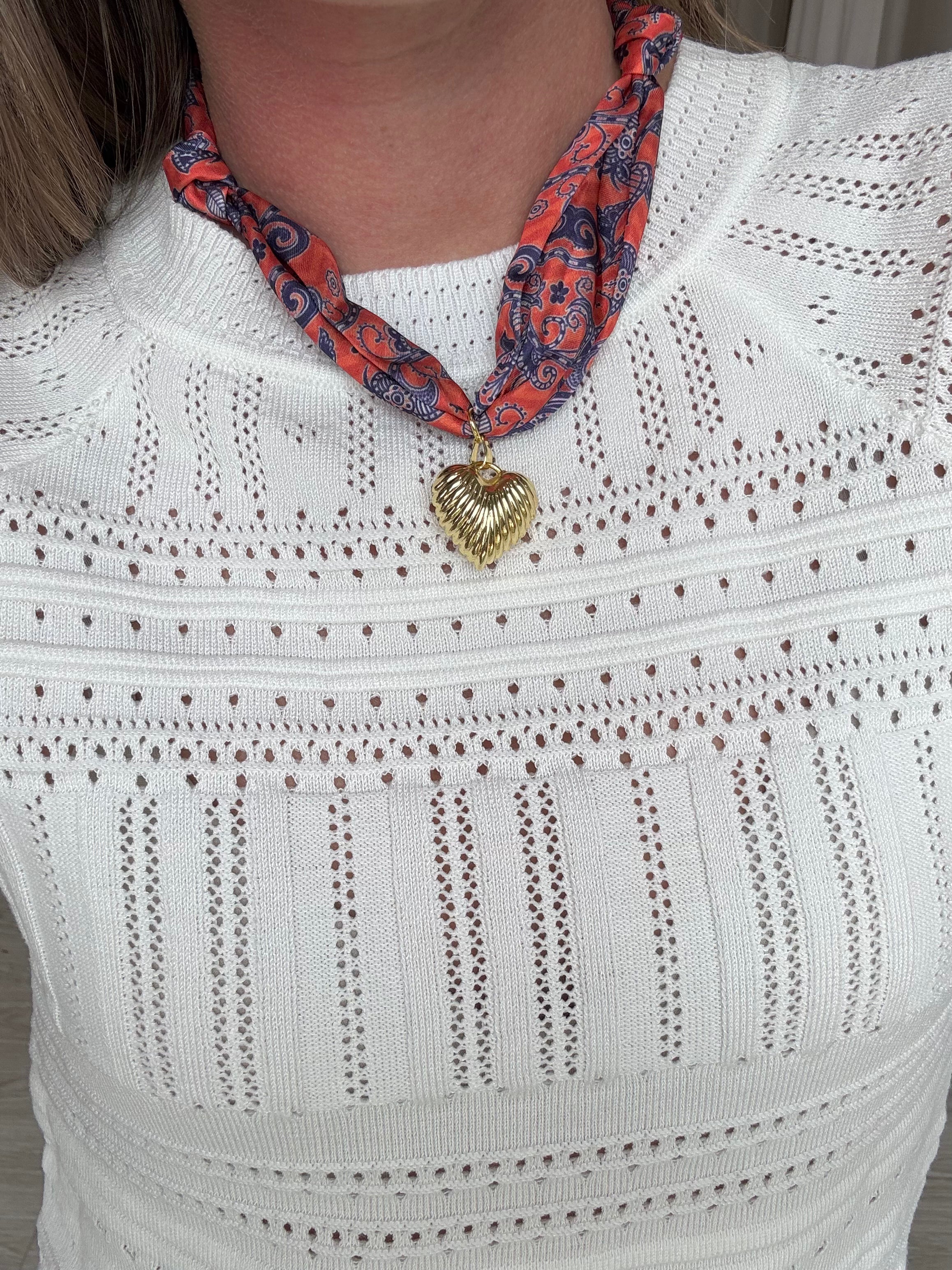 Orange & Blue Scarf Necklace with Gold Charm