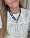 Black and White Houndstooth Scarf Necklace with Gold Heart Pendan
