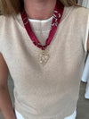 Maroon Scarf Necklace with Gold and Pearl Heart Pendant – Elegant Multi-Way Accessory