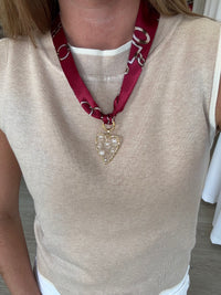 Maroon Scarf Necklace with Gold and Pearl Heart Pendant – Elegant Multi-Way Accessory