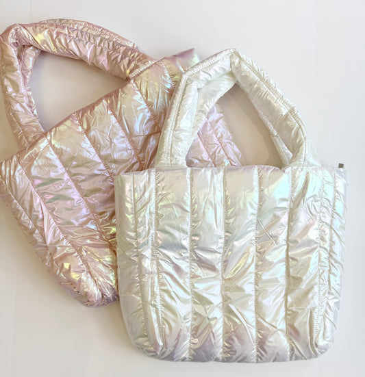 Iridescent Puffer Tote Bag – Quilted Shoulder Purse for Everyday Use