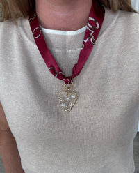 Maroon Scarf Necklace with Gold and Pearl Heart Pendant – Elegant Multi-Way Accessory