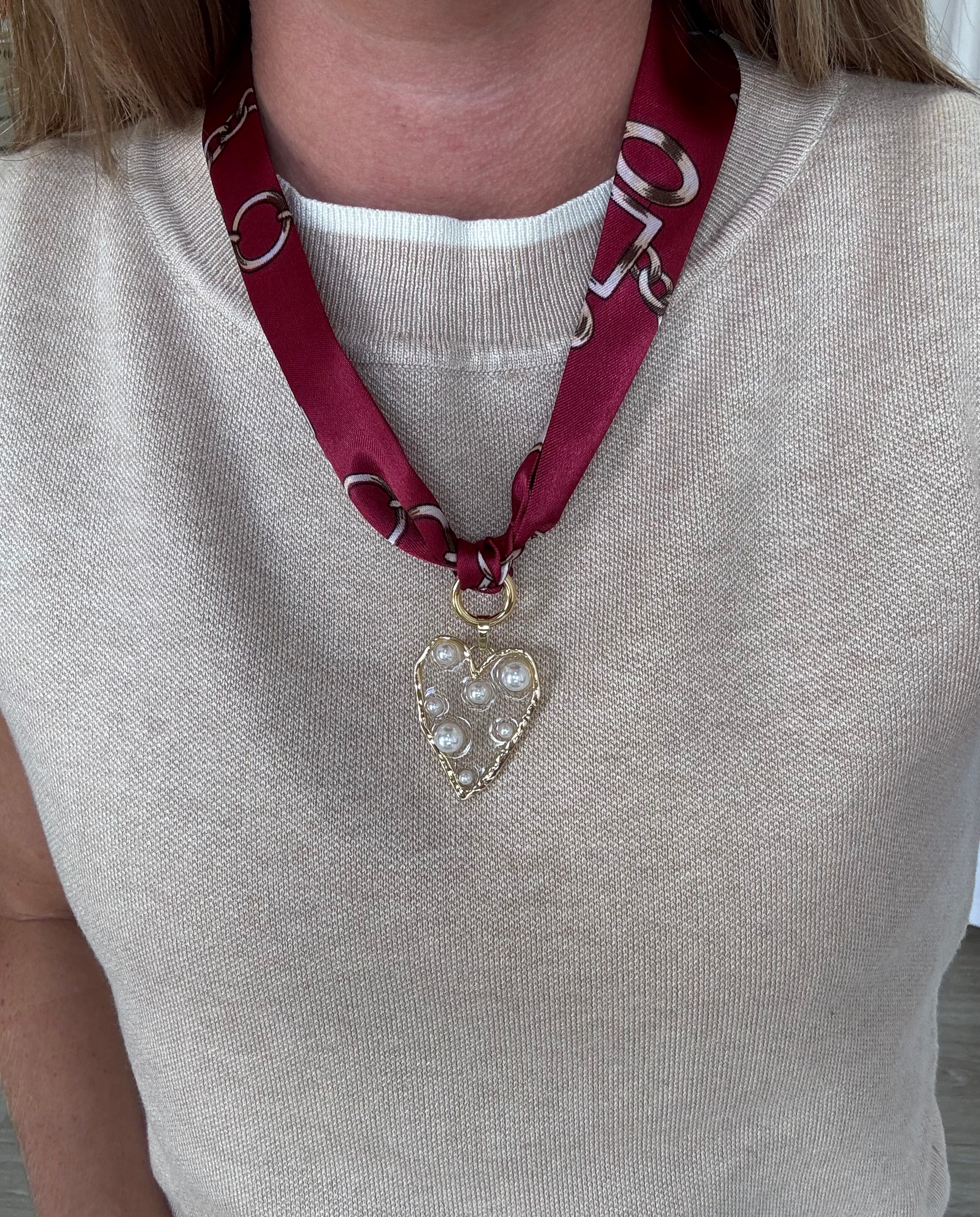 Maroon Scarf Necklace with Gold and Pearl Heart Pendant – Elegant Multi-Way Accessory