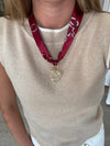 Maroon Scarf Necklace with Gold and Pearl Heart Pendant – Elegant Multi-Way Accessory