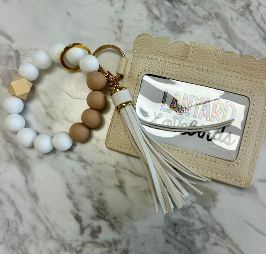 Boho chic wristband keychain with cream wallet