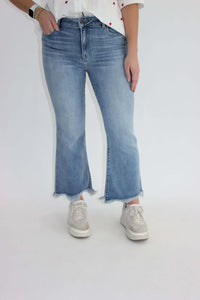 Medium Wash Clean Frayed Hem Stretch Crop Flare - Hidden Jeans pockets