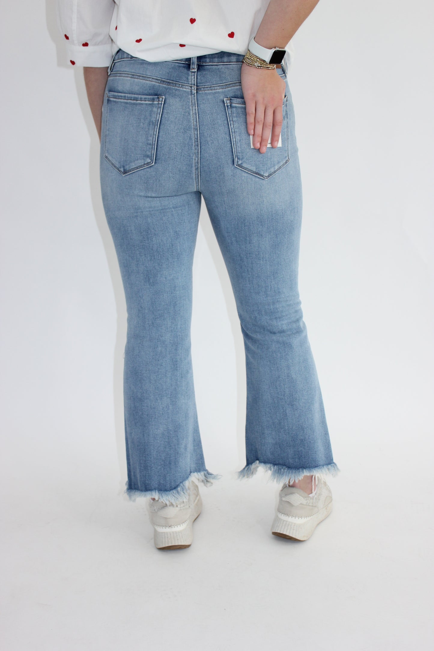 Medium Wash Clean Frayed Hem Stretch Crop Flare - Hidden Jeans