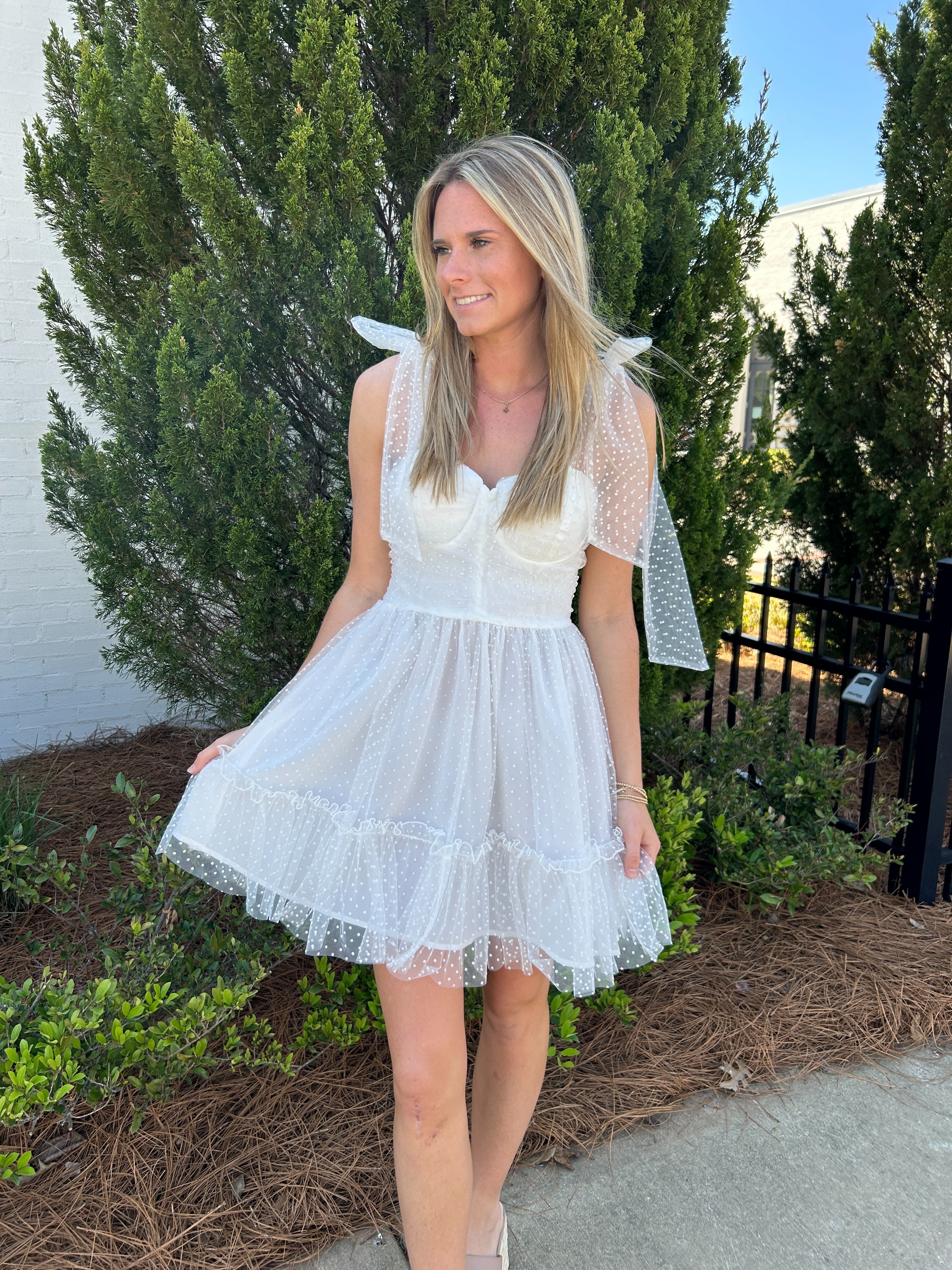 Fancy white tie strap mini dress – Anderson Ave boutique