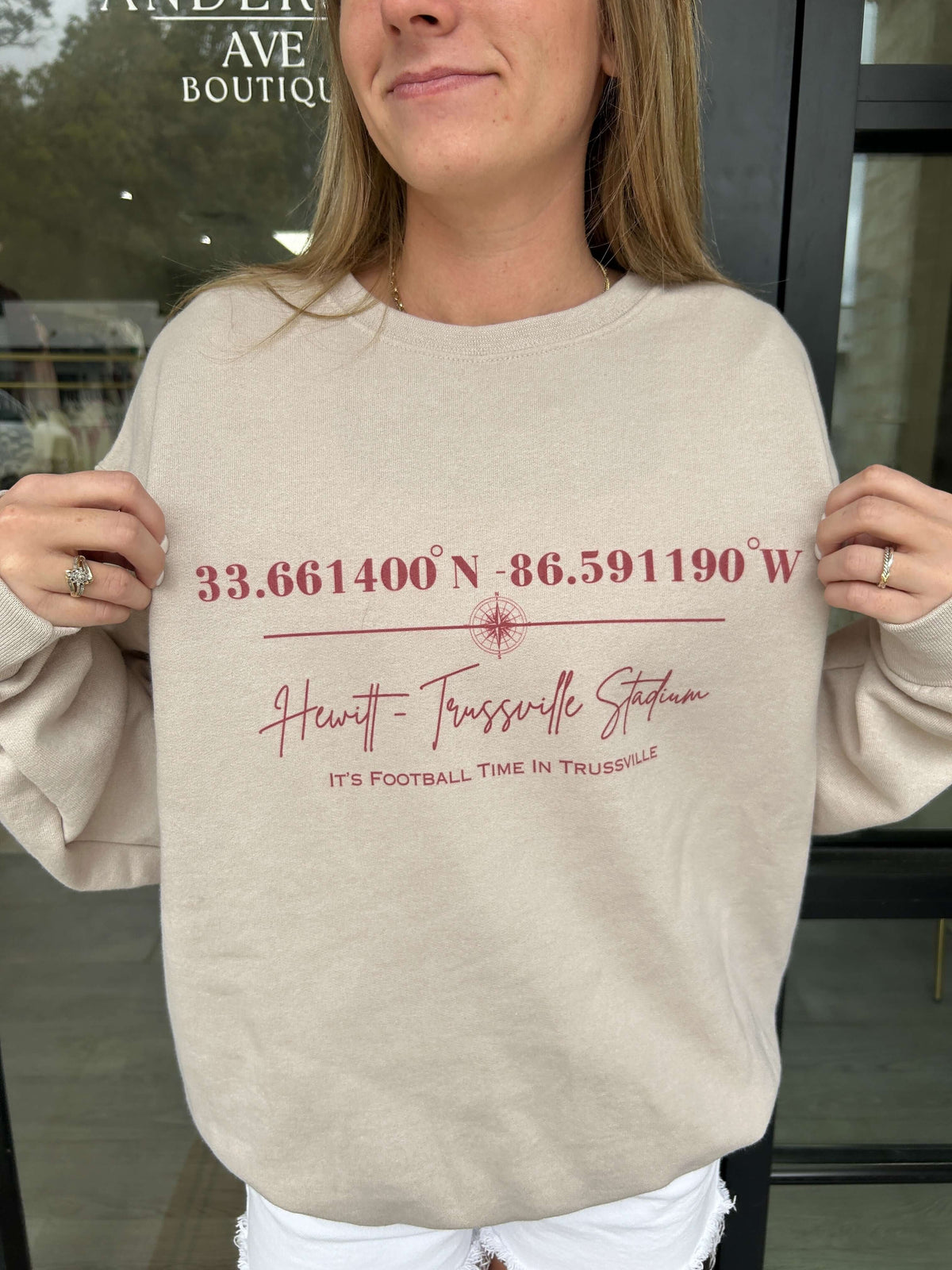 Hewitt - Trussville Stadium Coordinates Adult Graphic Sweatshirt | Sandstone details
