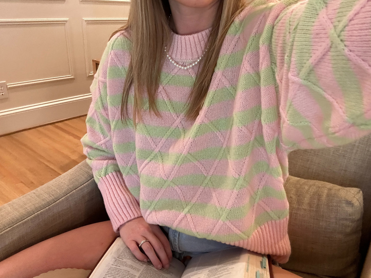Cable Detail Stripe Sweater - Pink / Green details