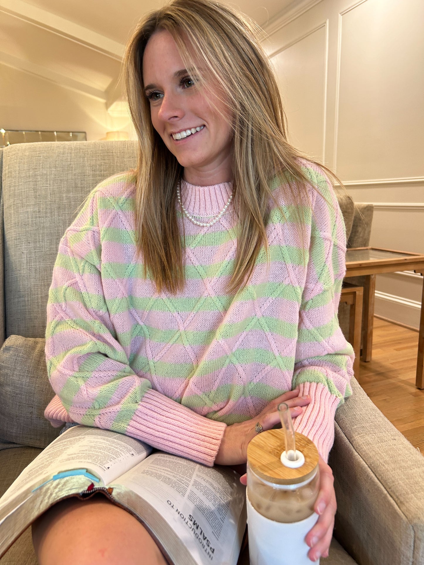 Cable Detail Stripe Sweater - Pink / Green styled