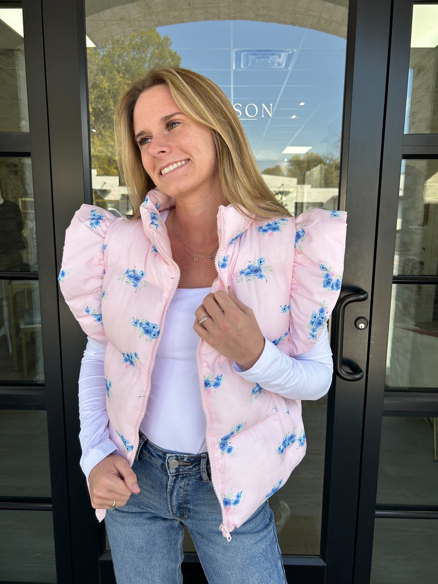 Pink Floral Ruffle Puffer Vest - Pink details