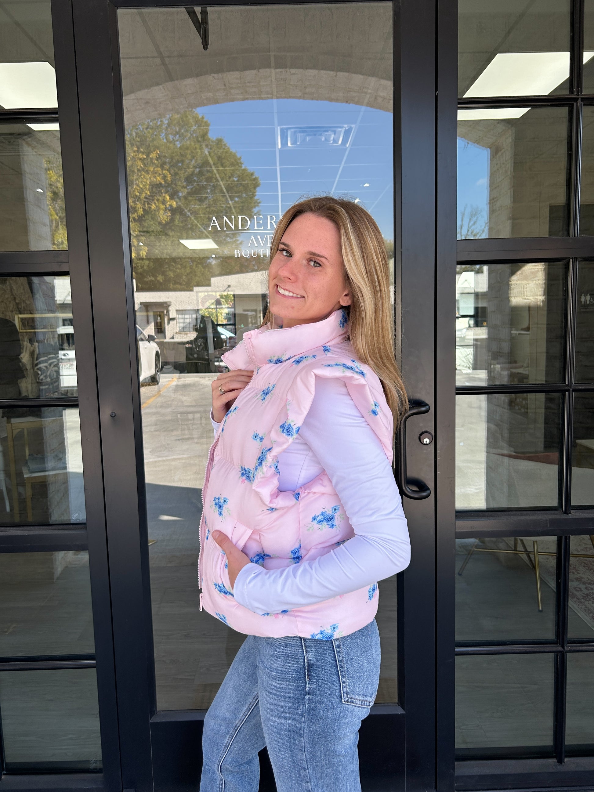 Pink Floral Ruffle Puffer Vest - Pinkside