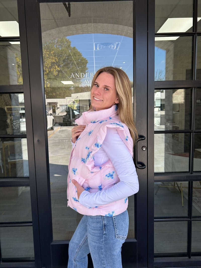 Pink Floral Ruffle Puffer Vest - Pinkside