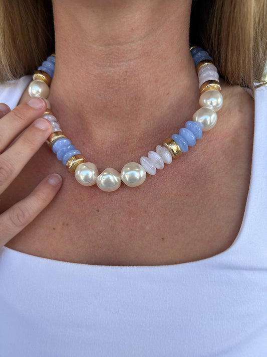 Chunky Beaded Necklace - Blue and Pearl