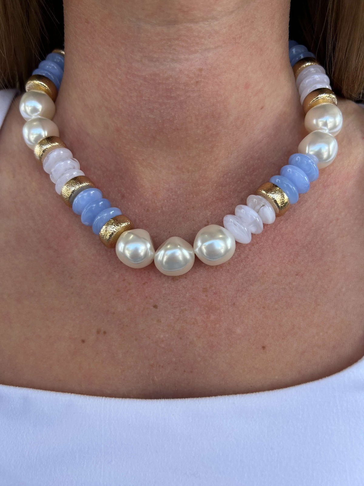 Chunky Beaded Necklace - Blue and Pearl details