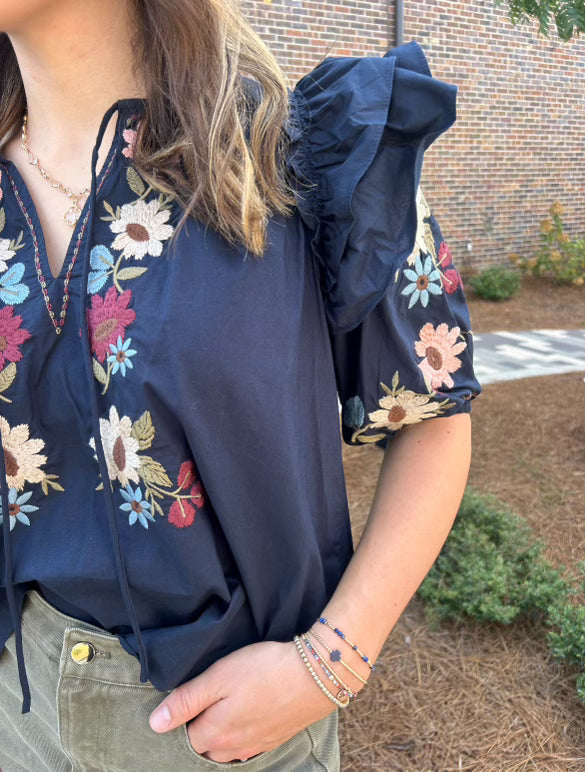 Floral Embroidered Puff Sleeve Blouse -Navy