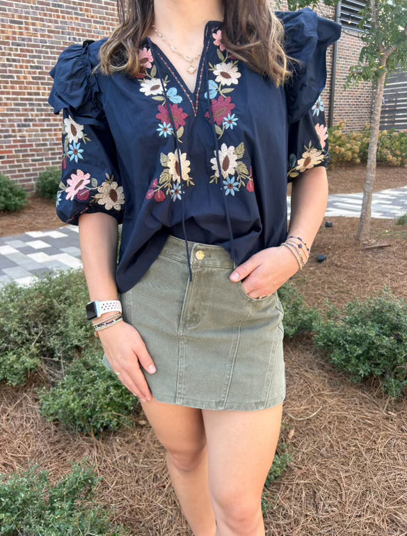 Floral Embroidered Puff Sleeve Blouse -Navy