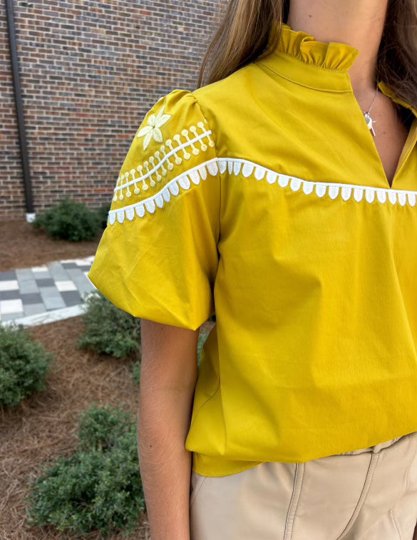 Lacey Embroidered Top  Mustard