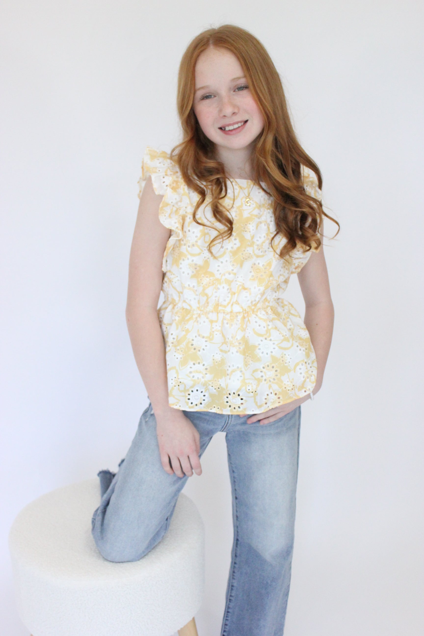 Mya Eyelet Ruffled Tank - Yellow