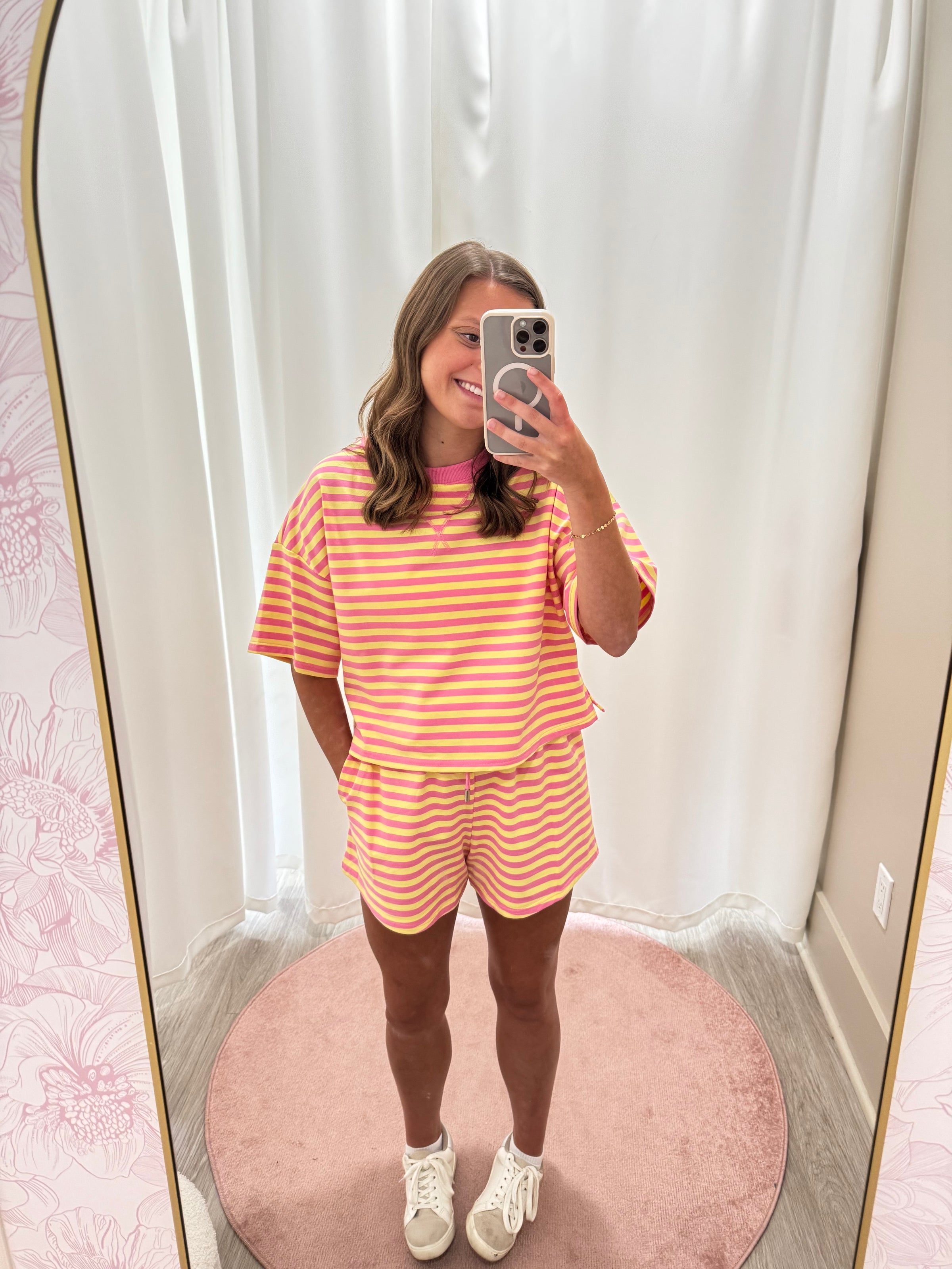 Cozy Two Piece Loungewear Stripped Set - Pink and Yellow