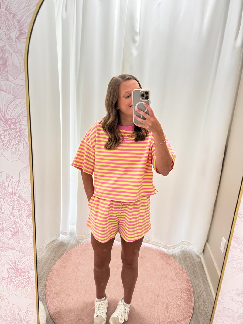 Cozy Two Piece Loungewear Stripped Set - Pink and Yellow