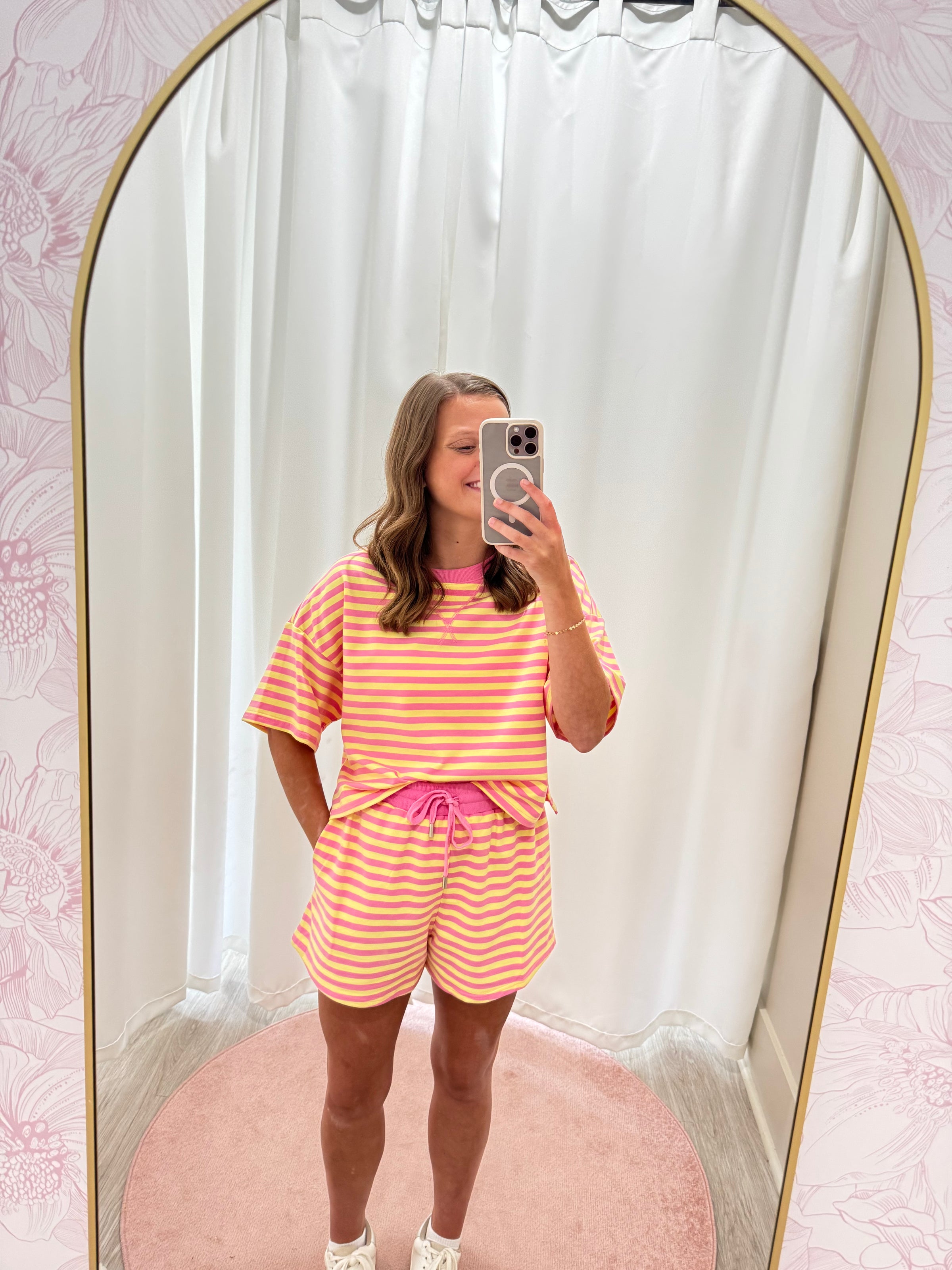 Cozy Two Piece Loungewear Stripped Set - Pink and Yellow