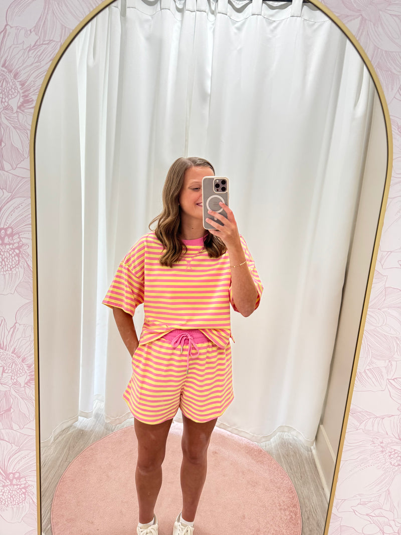 Cozy Two Piece Loungewear Stripped Set - Pink and Yellow