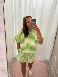Cozy Two Piece Loungewear Stripped Set - Green and Cream