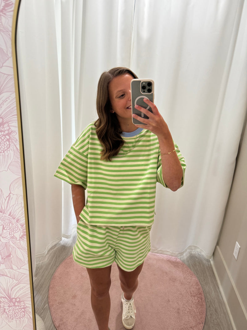 Cozy Two Piece Loungewear Stripped Set - Green and Cream