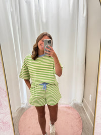 Cozy Two Piece Loungewear Stripped Set - Green and Cream