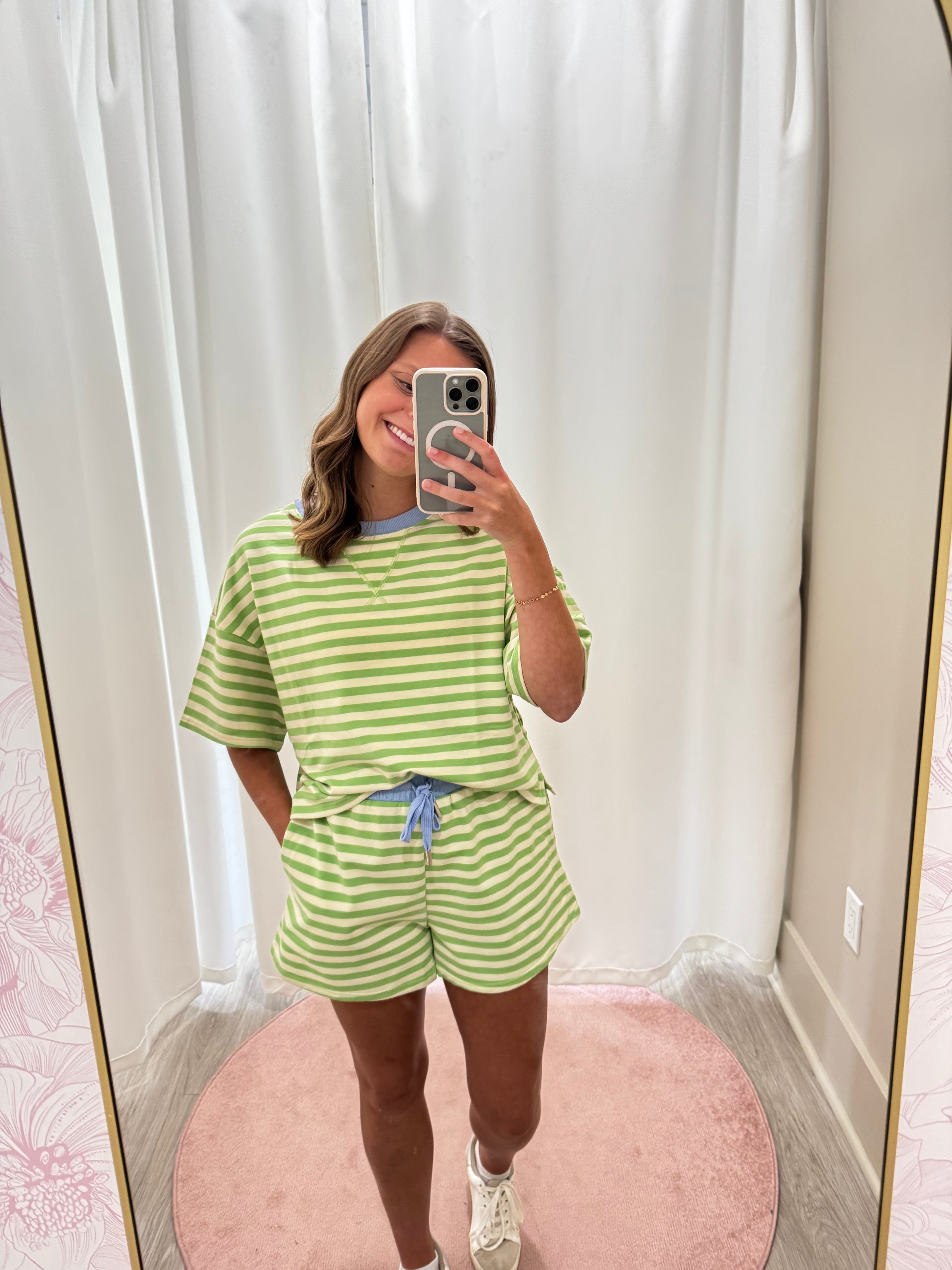 Cozy Two Piece Loungewear Stripped Set - Green and Cream