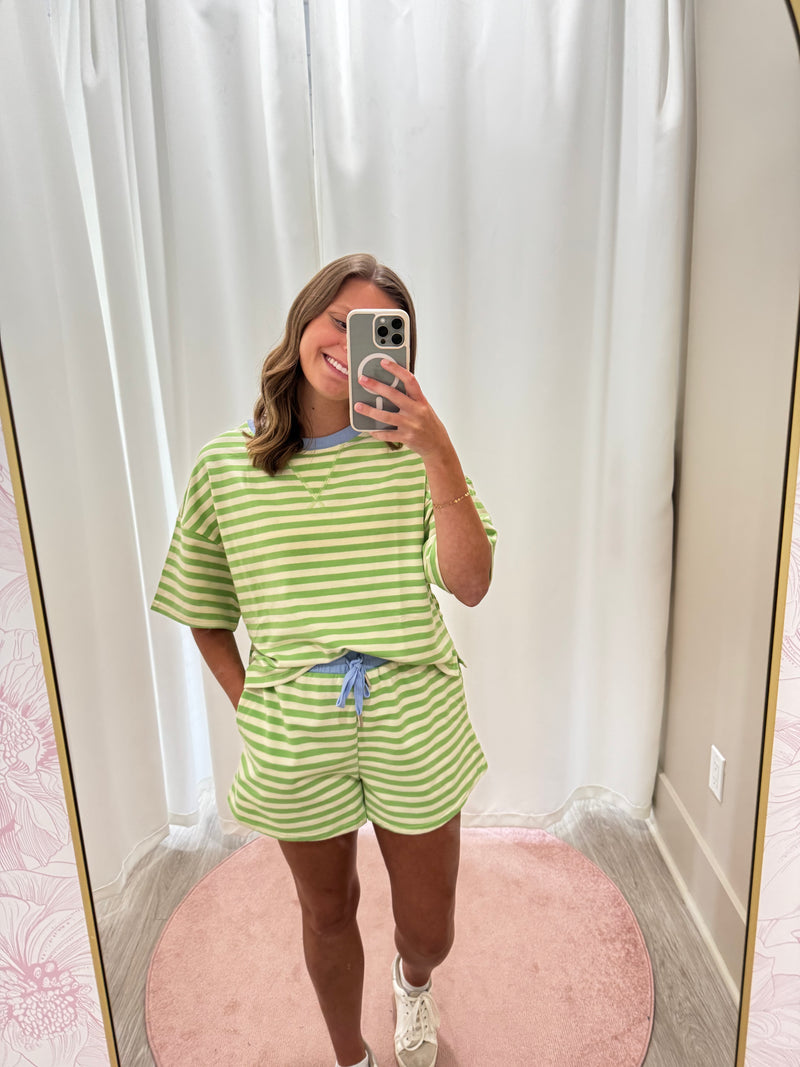 Cozy Two Piece Loungewear Stripped Set - Green and Cream