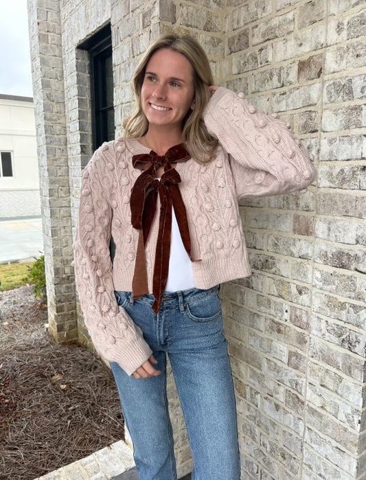 Bow Tie Closure Cable Knit Cardigan Blush