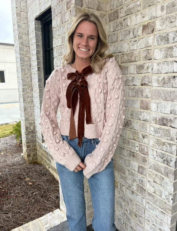 Bow Tie Closure Cable Knit Cardigan Blush