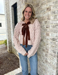 Bow Tie Closure Cable Knit Cardigan Blush full style