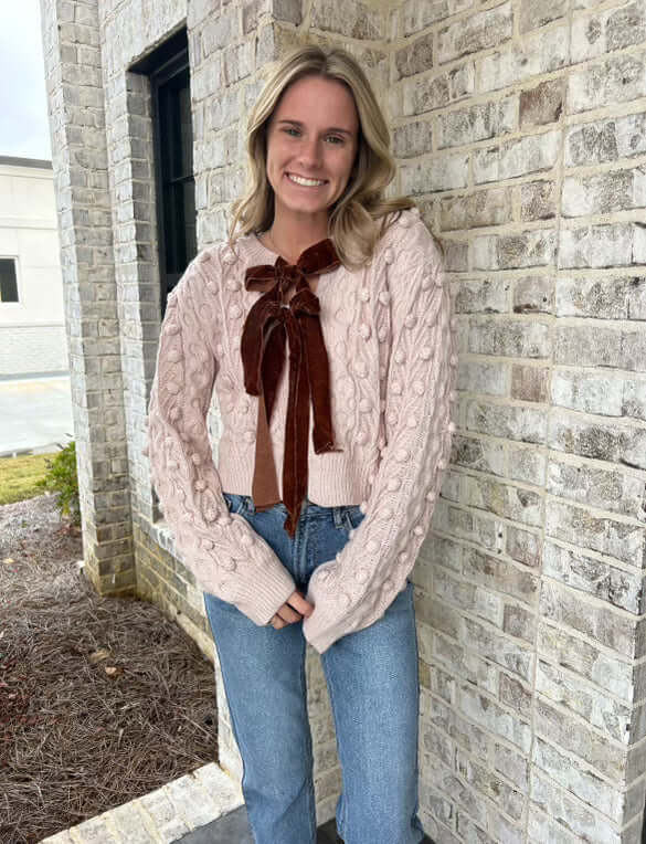 Bow Tie Closure Cable Knit Cardigan Blush full style