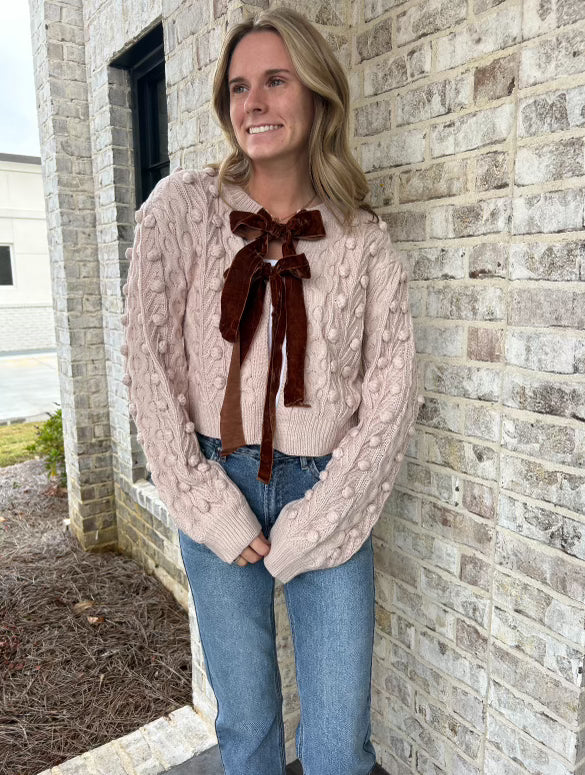 Bow Tie Closure Cable Knit Cardigan Blush